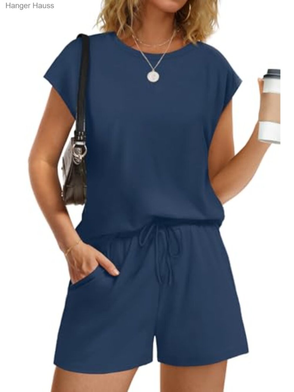 Women's 2 Piece Lounge Set Crew Neck Cap Sleeve Shorts Drawstring Sweatsuit